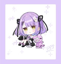  1girl :o bare_shoulders black_jacket black_ribbon black_shoes blush border brown_eyes chibi commentary_request dress full_body ghost_hair_ornament hair_ornament hair_ribbon hairclip head_tilt hugging_own_legs jacket long_sleeves looking_at_viewer off_shoulder open_clothes open_jacket parted_lips puffy_long_sleeves puffy_sleeves purple_border purple_hair ribbon rino_cnc shinomiya_runa shoes sleeveless sleeveless_dress sleeves_past_fingers sleeves_past_wrists socks solo stuffed_animal stuffed_cat stuffed_toy twitter_username two_side_up virtual_youtuber vspo! white_background white_dress white_socks x_hair_ornament 