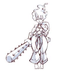  1girl absurdres alien barefoot before_the_dawn_(series) closed_mouth club club_(weapon) concept_art fantasy fiery_hair full_body hand_on_own_hip highres holding holding_weapon horns japanese_clothes jewelry kanabou large_hands looking_at_viewer muscular muscular_female necklace official_art oni original sash shortstack single_horn smile soulstone_amulet spiked_club standing theo_kris_(artist) thick_lips veins weapon white_background 