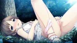  1girl blue_eyes blush brown_hair censored cleft_of_venus cura female_focus flat_(company) game_cg loli looking_at_viewer lying monobeno mosaic_censoring on_back outdoors panties panties_around_leg pink_panties pussy pussy_juice sandals sawai_natsuha short_hair solo spread_legs uncensored underwear wavy_mouth  rating:Explicit score:345 user:laikakitjj