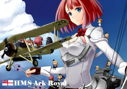  10s 6+girls aircraft airplane ark_royal_(kancolle) biplane blue_eyes bob_cut bomber character_name cloud cowboy_shot damage_control_crew_(kancolle) damage_control_goddess_(kancolle) day fairey_swordfish fairy_(kancolle) flag hairband helmet_musume_(kancolle) highres kantai_collection looking_at_viewer maintenance_musume_(kancolle) mini_person minigirl mizuki_(mizuki_ame) multiple_girls red_hair short_hair swordfish_(kancolle) tiara torpedo_bomber 