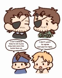  4boys beard_stubble big_boss blue_headband brothers chibi commentary facial_hair headband highres horns jewelry liquid_snake male_focus metal_gear_(series) metal_gear_solid metal_gear_solid_v:_the_phantom_pain multiple_boys necklace open_mouth pap_(paprikaru1205) scar scar_across_eye scar_on_face siblings solid_snake stubble venom_snake 
