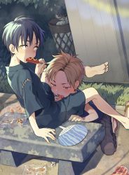 2boys bad_id bad_pixiv_id barefoot blush eating erection feet fellatio festival food highres japanese_clothes jinbei_(clothes) kodomo_doushi male_focus multiple_boys oral outdoors penis pillow_(nutsfool) public_indecency shota sitting takoyaki toes undressing yaoi rating:Explicit score:680 user:harucho