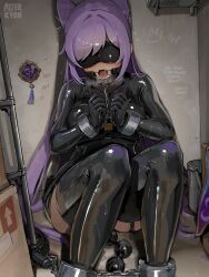  1girl aftersex against_wall alterkyon anal_beads ankle_cuffs artist_name bdsm blindfold bodysuit bondage bondage_outfit boots bound commentary cone_hair_bun cuffs cum cum_pool dental_gag english_text genshin_impact hair_bun handcuffs heavy_breathing highres keqing_(genshin_impact) latex latex_bodysuit latex_boots long_hair neglect_play purple_hair sex_toy sitting solo symbol-only_commentary tally thigh_boots tongue tongue_out twintails vision_(genshin_impact) 