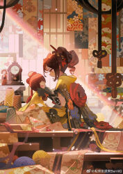  1girl adjusting_another&#039;s_hair aged_down black_gloves brown_hair child chinese_commentary chinese_knot chiori_(genshin_impact) clock closed_mouth commentary_request day doll full_body genshin_impact gloves highres indoors light_particles light_rays looking_at_object looking_down maoqiu_gungun_lai_berriiiq panchang_knot partial_commentary ponytail red_eyes short_sleeves solo sunbeam sunlight tamoto_(genshin_impact) watermark weibo_watermark wide_shot yarn yarn_ball 