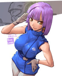  1girl aeug alternate_hair_length alternate_hairstyle amania_orz artist_name assault_visor belt breasts brown_eyes character_name closed_mouth commentary_request dated earrings gundam gundam_zz jewelry large_breasts looking_at_viewer mecha military_uniform mobile_suit nemo_(mobile_suit) purple_hair robot roux_louka salute science_fiction short_hair skirt smile solo star_(symbol) star_earrings twitter_username 
