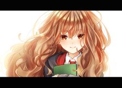  1girl black_robe book brown_eyes brown_hair gryffindor harry_potter_(series) hermione_granger hogwarts_school_uniform holding holding_book kapirusu letterboxed long_hair robe school_uniform smile solo striped_neckwear wizarding_world  rating:General score:25 user:danbooru