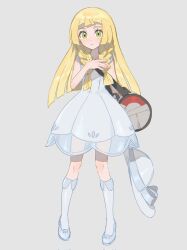  1girl bag blonde_hair braid dress fua1heyvot4ifsr green_eyes grey_background hat highres holding holding_unworn_clothes holding_unworn_hat kneehighs lillie_(pokemon) long_hair looking_at_viewer nintendo pokemon pokemon_sm shoes shoulder_bag simple_background sleeveless sleeveless_dress socks solo sun_hat twin_braids unworn_hat unworn_headwear white_dress white_hat white_shoes white_socks 