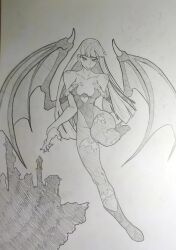  bare_shoulders bat_wings bridal_gauntlets capcom clothing_cutout darkstalkers demon_girl full_body fur-trimmed_leotard fur_trim graphite_(medium) greyscale heart_cutout highres long_hair looking_at_viewer mechanical_pencil monochrome morrigan_aensland off-shoulder_leotard pantyhose pencil print_pantyhose self-upload sergent_magnom sketch smile traditional_media wings 