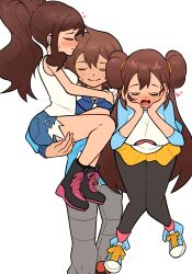  1boy 2girls arm_around_shoulder black_pantyhose blush breasts brown_hair carrying carrying_multiple_people carrying_person carrying_under_arm closed_eyes denim denim_shorts donut_hair_bun double_bun hair_bun hands_on_own_cheeks hands_on_own_face hanging_breasts heart high_ponytail highres hilbert_(pokemon) hilda_(pokemon) large_breasts long_hair multiple_girls nintendo pantyhose pantyhose_under_shorts pocha pokemon pokemon_bw pokemon_bw2 ponytail rosa_(pokemon) short_shorts shorts skirt smile tank_top twintails white_tank_top yellow_shorts 