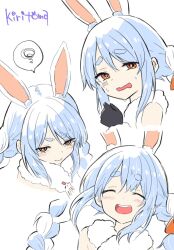  1girl :d ^_^ animal_ear_fluff animal_ears bare_shoulders black_gloves blue_hair blush braid brown_eyes carrot_hair_ornament closed_eyes commentary_request don-chan_(usada_pekora) food-themed_hair_ornament fur-trimmed_gloves fur_trim gloves hair_ornament half-closed_eyes highres hololive kiritoma long_hair multicolored_hair multiple_views open_mouth rabbit-shaped_pupils rabbit_ears short_eyebrows signature simple_background smile spoken_squiggle squiggle symbol-shaped_pupils thick_eyebrows twin_braids twintails two-tone_hair usada_pekora usada_pekora_(1st_costume) virtual_youtuber wavy_mouth white_background white_hair 