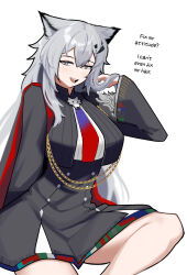  1girl absurdres aiguillette arknights black_jacket black_skirt bolo_tie cape commentary crop_top cropped_jacket english_commentary english_text grey_eyes grey_hair hair_between_eyes hair_lift hair_ornament hairclip hand_in_own_hair high-waist_skirt highres jacket lappland_(arknights) lappland_the_decadenza_(arknights) long_hair long_sleeves looking_at_viewer meme open_mouth red_cape simple_background sitting skirt smile solo tofudofu white_background 