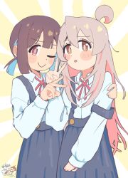  2girls :o ;) absurdres ahoge black_skirt blue_hair blush_stickers brown_eyes brown_hair chidamarihappy colored_inner_hair commentary dot_nose double-parted_bangs grey_hair hand_on_another&#039;s_shoulder hashtag-only_commentary highres hozuki_momiji long_hair long_sleeves looking_at_viewer multicolored_hair multiple_girls neck_ribbon one_eye_closed onii-chan_wa_oshimai! open_mouth oyama_mahiro pink_hair ponytail red_ribbon ribbon school_uniform shirt short_hair short_ponytail simple_background skirt smile suspender_skirt suspenders suspenders_slip two-tone_hair v very_long_hair white_shirt wing_collar 