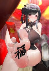  1girl absurdres azur_lane barefoot black_gloves black_hair black_pantyhose blush bodystocking breasts chen_hai_(azur_lane) chen_hai_(vestibule_of_wonders)_(azur_lane) china_dress chinese_clothes dress elbow_gloves feet feet_up flower foot_focus foreshortening gloves hair_flower hair_ornament high_heels highres holding holding_shoes jewelry large_breasts no_shoes official_alternate_costume pantyhose red_eyes shoes sitting smell soles steam stirrup_legwear thighhighs toe_ring toeless_legwear toes unworn_shoes ursica 