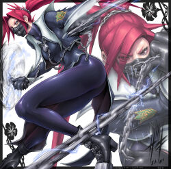  1girl bodysuit bodysuit_under_clothes boots chain commission delinquent electricity full_body gloves highres himezaki_aoi holding holding_chain justice_gakuen kari_syoboon_22 legs mask mouth_mask ponytail red_hair sailor_collar skeb_commission skin_tight thighs  rating:Sensitive score:7 user:swaglordorochi