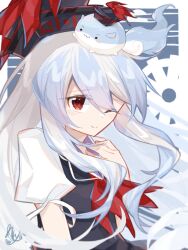 1girl :3 blue_background blue_dress blue_hair blue_hat blush cloud commentary_request creature_on_head dress gears grey_hair hand_on_own_chest hat highres kamishirasawa_keine mini_hat moon multicolored_hair neckerchief one_eye_closed puffy_short_sleeves puffy_sleeves red_eyes red_neckerchief renge_kanatsuki short_sleeves smile solo sukusuku_hakutaku touhou two-tone_background two-tone_hair upper_body white_background white_sleeves 