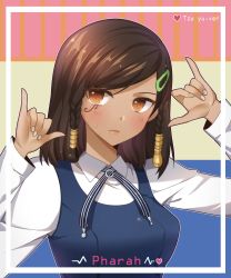  1girl alternate_costume blush braid breasts brown_eyes brown_hair character_name closed_mouth dark-skinned_female dark_skin double_m/ dress eye_of_horus facial_mark facial_tattoo female_focus fingernails hair_ornament hair_tubes hairclip hands_up heart highres kaoruru_(sakuno2911) long_sleeves looking_at_viewer m/ overwatch overwatch_1 pharah_(overwatch) shirt short_hair side_braids sleeveless sleeveless_dress solo sweatdrop swept_bangs tattoo twice_(group) undershirt upper_body white_shirt  rating:Sensitive score:10 user:danbooru