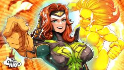  2girls bodysuit breasts gloves green_bodysuit green_eyes highres jean_grey jojo_no_kimyou_na_bouken large_breasts marvel marvel_rivals multiple_girls phoenix_(x-men) pointing pointing_at_viewer red_hair smile sonchapo toned toned_female upper_body yellow_gloves 