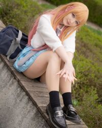  1girl bag blonde_hair cosplay fingernails gyaru keekihime kitagawa_marin kitagawa_marin_(cosplay) photo_(medium) school_bag school_uniform sono_bisque_doll_wa_koi_wo_suru 