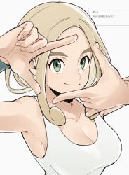  1girl blonde_hair breasts cleavage closed_mouth collarbone finger_frame green_eyes highres large_breasts looking_at_viewer mocollie nintendo pokemon pokemon_xy shirt short_hair sleeveless sleeveless_shirt smile solo tank_top upper_body viola_(pokemon) white_background white_shirt white_tank_top 