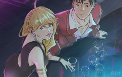  1boy 1girl ahoge alcohol antenna_hair armlet artist_request backless_dress backless_outfit black_dress black_hair blonde_hair blue_eyes breasts christine_(lazarus) cleavage collarbone collared_shirt cup dress drinking_glass earrings fingernails from_above highres jacket jewelry large_breasts lazarus leaning_forward lips lipstick long_hair long_sleeves looking_to_the_side makeup neck necklace nightclub shirt short_hair sleeveless sleeveless_dress smile standing swept_bangs triangle_earrings wine_glass wristband 