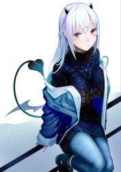  black_boots black_dress black_horns black_tail boots breasts commentary_request demon_horns demon_tail demon_wings denim dress expressionless hair_between_eyes hakase_fuyuki highres horns jacket jeans jewelry large_breasts long_hair looking_at_viewer low_wings necklace nijisanji on_railing open_clothes open_jacket pants puyo_(puyotopia) railing red_eyes sitting sweater sweater_dress tail turtleneck turtleneck_dress virtual_youtuber white_background white_hair wings 
