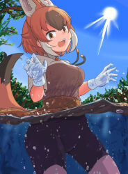  1girl animal_ears bike_shorts_under_skirt brown_eyes brown_hair brown_shirt brown_skirt collared_shirt dhole_(kemono_friends) dog_ears dog_girl dog_tail extra_ears gloves hair_between_eyes hane_(kirschbaum) high-waist_skirt highres jacket kemono_friends kemono_friends_3 multicolored_hair official_alternate_costume open_mouth partially_submerged pleated_skirt safari_jacket shirt short_sleeves sidelocks skirt solo tail two-tone_shirt water white_gloves 