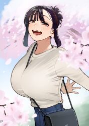  1girl :d arms_behind_back asymmetrical_bangs bag between_breasts black_bag breasts brown_eyes cherry_blossoms choppy_bangs commentary_request elder_cousin_(igarashi_kyouhei) folded_ponytail hair_ornament hairclip highres huge_breasts igarashi_kyouhei itoko_no_onee-chan_ni_amaechau? long_sleeves looking_at_viewer official_art open_hand open_mouth outdoors outstretched_arms purple_hair shirt shirt_tucked_in shoulder_bag sidelocks smile solo strap_between_breasts teeth white_shirt 