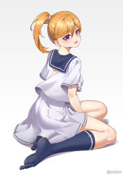  1girl absurdres alternate_hairstyle blue_sailor_collar blue_socks blush breasts feet full_body hair_between_eyes highres kneehighs legs looking_at_viewer love_live! love_live!_superstar!! medium_hair neckerchief on_ground open_mouth orange_hair pleated_skirt ponytail purple_eyes sailor_collar school_uniform serafuku shibuya_kanon shirt simple_background skirt smile socks solo toes white_background white_shirt white_skirt yzlkun 