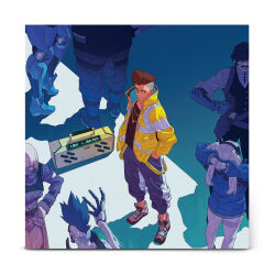 1boy album_cover backlighting baggy_pants boombox border brown_hair capri_pants cover crowd cyberpunk_(series) cyberpunk_edgerunners david_martinez falco_(cyberpunk) from_above full-body_tattoo hands_in_pockets high_tops highres jacket jewelry kiwi_(cyberpunk) layered_clothes looking_to_the_side male_focus necklace official_art open_clothes open_jacket pants pilar_(cyberpunk) rebecca_(cyberpunk) shade shadow shoes short_hair sneakers solo_focus standing tattoo undercut very_short_hair white_border white_footwear yellow_jacket yoshinari_you 