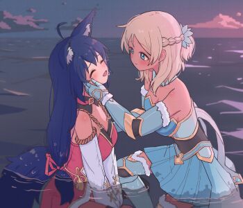  absurdres animal_ears armored_boots blonde_hair blue_eyes boots braid commission commissioner_upload crown_braid fox_ears fox_girl fox_tail gauntlets hand_on_another&#039;s_cheek hand_on_another&#039;s_face highres jin_(jinkwon1147) juniper_(sakura_fox_adventure) mikoto_(sakura_fox_adventure) non-web_source ocean off_shoulder sakura_fox_adventure sitting_on_water smile tail tears wet wet_clothes yuri 