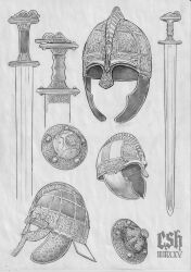  absurdres armor buckler christian_sloan_hall engraved engraved_armor graphite_(medium) helmet highres monochrome no_humans original shield sword traditional_media viking weapon 