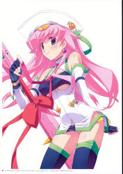  1girl 2010 absurdres blood_tune blue_thighhighs blush bow breasts chaos;head cleavage club club_(weapon) collared_dress dated detached_sleeves dress earrings fingerless_gloves gloves green_trim hat high_collar highres hip_vent jewelry lips long_hair looking_at_viewer magical_girl matsuo_yukihiro medium_breasts necktie non-web_source official_art open_mouth panties pink_hair pink_lips pink_necktie purple_eyes red_bow ribbon school_uniform seira_orgel smile solo spiked_club thighhighs underboob underwear weapon white_dress white_hat white_panties 
