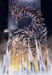  absurdres breath calligraphy_brush_(medium) chin_spike claws cryokinesis deadpool_yuchan dragon highres horns ice icicle jin_dahaad monster monster_focus monster_hunter_(series) monster_hunter_wilds no_humans open_mouth pillarboxed rearing sharp_teeth signature spikes teeth 