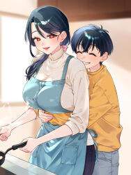  1boy 1girl and_opi apron before_and_after black_hair blue_apron blurry blurry_background blush breasts closed_eyes commentary_request cooking cowboy_shot denim frying_pan highres hug indoors jeans kitchen large_breasts long_hair long_sleeves mother_and_son open_mouth orange_eyes original pants short_hair side_ponytail sleeves_rolled_up smile sweater white_sweater yellow_sweater 