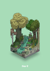 absurdres all_fours animal boulder bush commentary diorama drinking gozz green_background highres isometric moss original river rock tree rating:General score:0 user:danbooru