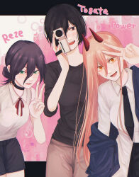  3girls absurdres black_choker black_eyes black_hair black_necktie black_shorts blonde_hair blue_jacket breasts camcorder camera chainsaw_man choker commentary_request creator_connection crossover fire_punch green_eyes highres holding holding_camera horns jacket kotochi_re long_hair medium_breasts multiple_girls necktie off_shoulder orange_eyes power_(chainsaw_man) red_horns reze_(chainsaw_man) sharp_teeth shirt_partially_tucked_in short_hair short_shorts shorts teeth togata_(fire_punch) v video_camera 