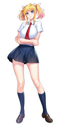 1girl blonde_hair blue_eyes breasts closed_mouth crossed_arms eyebrows female_focus full_body hair_between_eyes hair_ribbon highres kneehighs large_breasts lilith-soft looking_at_viewer pointy_ears ribbon school_uniform shinganji_kurenai shiny_skin simple_background skirt smile socks solo standing taimanin_(series) taimanin_kurenai taimanin_rpgx turtleneck twintails zol rating:Sensitive score:50 user:fakyuh