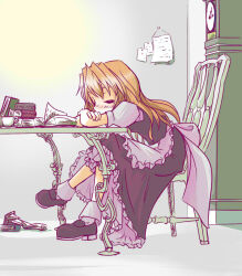  1girl apron arm_on_table arm_rest back_bow black_shoes black_skirt black_vest blonde_hair blush book book_stack bow chair clock closed_eyes commentary_request crossed_arms cup frilled_apron frilled_skirt frills from_side full_body indoors kirisame_marisa long_hair long_skirt neki-t note on_chair open_book puffy_short_sleeves puffy_sleeves shoes short_sleeves sitting skirt sleeping socks solo table teacup touhou vest waist_apron wall_clock white_apron white_socks 