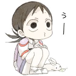  1boy animal ankle_socks bike_jersey bike_shorts black_eyes black_hair canvas_texture cycling_uniform deformed eating full_body hands_on_own_knees knees_to_chest knees_up leaning_forward looking_afar lowres male_focus medium_hair midousuji_akira mullet o3o pale_skin rabbit raised_eyebrows sazaisu simple_background sitting socks solid_circle_pupils solo white_background white_rabbit_(animal) wispy_bangs yowamushi_pedal 