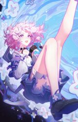  1girl black_gloves black_shoes blue_eyes blue_skirt camera gloves highres holding holding_camera honkai:_star_rail honkai_(series) march_7th_(honkai:_star_rail) medium_hair meirong miniskirt multicolored_eyes open_mouth partially_fingerless_gloves pink_eyes pink_hair pleated_skirt shoes skirt solo two-tone_eyes 