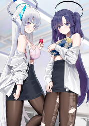 2girls black_skirt blue_archive blunt_bangs bra breasts cirilla_lin condom covering_breasts covering_privates grey_hair halo hand_up highres holding holding_condom large_breasts long_hair looking_at_viewer mechanical_halo multiple_girls noa_(blue_archive) off_shoulder open_clothes open_shirt pantyhose parted_bangs pencil_skirt purple_eyes purple_hair shirt skirt torn_clothes torn_pantyhose two_side_up underwear white_halo white_shirt yuuka_(blue_archive) rating:Sensitive score:32 user:danbooru
