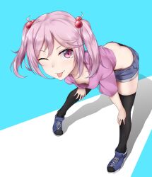  1girl ass breasts butt_crack closed_mouth downblouse downpants from_above hanging_breasts jewelry kantai_collection leaning_forward looking_at_viewer micro_shorts nipples no_bra ring sazanami_(kancolle) shadow short_shorts shorts small_breasts smile solo standing sugamo_(rainysnowy108) thighhighs tongue tongue_out twintails wedding_ring 