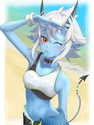  1girl absurdres beach blue_skin character_name colored_skin food hair_between_eyes highres horns long_hair looking_at_viewer navel oni pointy_ears popsicle red_eyes short_hair sidelocks soukaku_(zenless_zone_zero) sports_bra tail white_hair x_tyf0h9 zenless_zone_zero 