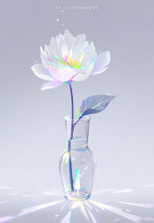  1girl artist_name bottle chromatic_aberration english_text flower glass grey_background highres huhv. light_particles original refraction simple_background solo still_life vase water white_flower 