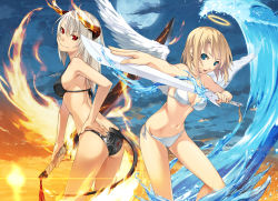  2girls angel angel_and_devil ass bad_id bad_pixiv_id bikini black_bikini blonde_hair blue_eyes breasts cleavage demon_girl demon_horns demon_tail feathered_wings fire halo hand_on_own_hip holding horns kimura_(ykimu) long_hair long_legs multiple_girls navel original red_eyes short_hair side-tie_bikini_bottom strap_gap swimsuit sword tail traditional_halo water weapon white_bikini white_wings wings  rating:Sensitive score:87 user:danbooru