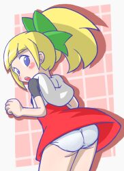  1girl ass blonde_hair blue_eyes blush blush_stickers bow dress from_behind green_bow highres hood hooded_jacket jacket loli mega_man_(classic) mega_man_(series) mega_man_11 panties ponytail red_dress roll_(mega_man) ryu_nasin simple_background solo underwear  rating:Sensitive score:11 user:cunnymax