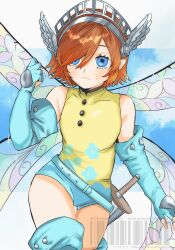  1girl aqua_belt aqua_boots aqua_eyes aqua_leotard asn_hao bare_shoulders blue_eyes blush boots brown_hair closed_mouth commentary cowboy_shot elbow_gloves eyelashes fairy fairy_wings fingerless_gloves gallica_(metaphor:_refantazio) gloves hair_between_eyes hair_over_one_eye hairband hand_up highres leotard looking_at_viewer medium_hair metal_hairband metaphor:_refantazio multicolored_leotard pointy_ears sheath sheathed silver_hairband sleeveless solo sword thigh_boots thighs two-tone_leotard watermark weapon winged_headwear wings yellow_leotard 