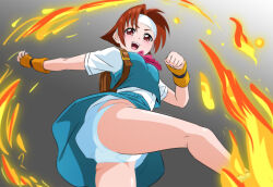 1girl ass backpack bag brown_eyes brown_hair fire fuchi_(nightmare) gradient_background grey_background headband highres justice_gakuen kicking open_mouth panties pantyshot school_uniform shiritsu_justice_gakuen short_hair smile solo taiyou_gakuen_uniform underwear wakaba_hinata white_headband white_panties yellow_arm_warmers 