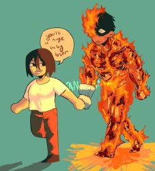  1boy 1girl absurdres agni_(fire_punch) black_hair burn_scar burning english_text fire fire_punch green_background highres holding_hands katanagami looking_at_another mittens mole mole_under_eye mole_under_mouth scar shirt short_hair simple_background smile speech_bubble togata_(fire_punch) walking white_shirt 