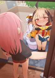  2girls absurdres adversarial_noise ahoge barefoot blonde_hair book brown_hair closed_mouth clothes_pull commentary cropped_hoodie english_commentary gigi_murin gigi_murin_(1st_costume) highres holding holding_book hololive hololive_english hood hoodie indoors light_blush long_hair mori_calliope multicolored_hair multiple_girls nanachides orange_hoodie patting pink_eyes pink_hair red_shorts shirt short_shorts shorts shorts_pull smile spill toilet twintails two-tone_hair virtual_youtuber water white_shirt wooden_floor 